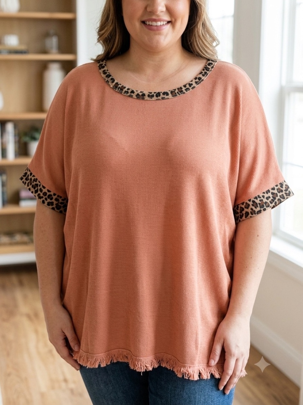 Umgee Salmon Short Sleeve Top with Leopard Trim